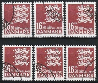 FRIMÆRKER DANMARK | 2005 - AFA 1414 - Lille Rigsvåben - 16,50 Kr. brun x 6 stk. - Pænt hjørnestemplet